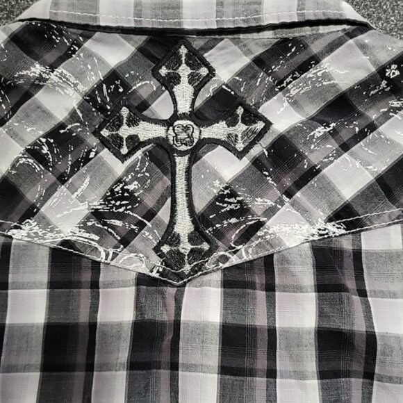 Pop Icon Clothing Men's Shirt Size XL Embroidered Dome Snap Black & White Plaid - Picture 5 of 12